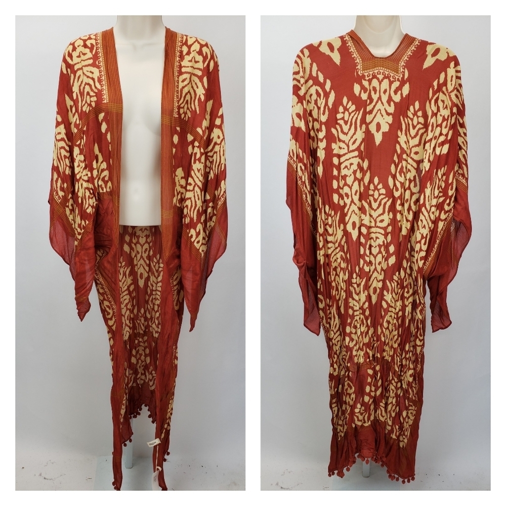 Ruggine damask kimono with pom pom trim - NEW - Picture 1 of 10